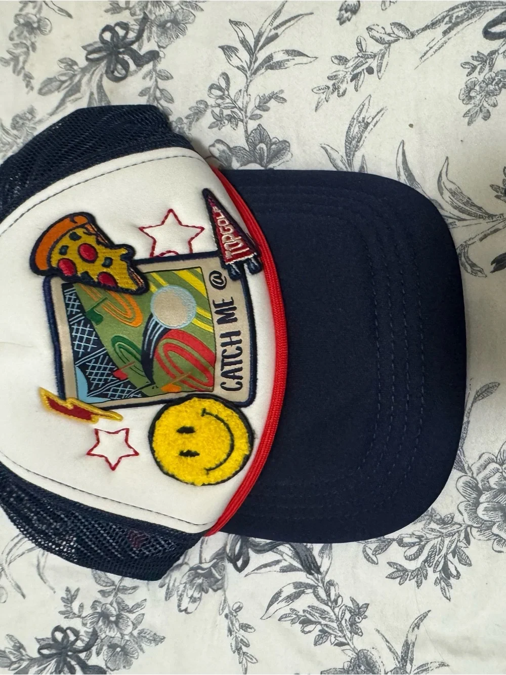 Trucker Patch Cap with Smiley & Pizza Graphic - Navy/White/Red